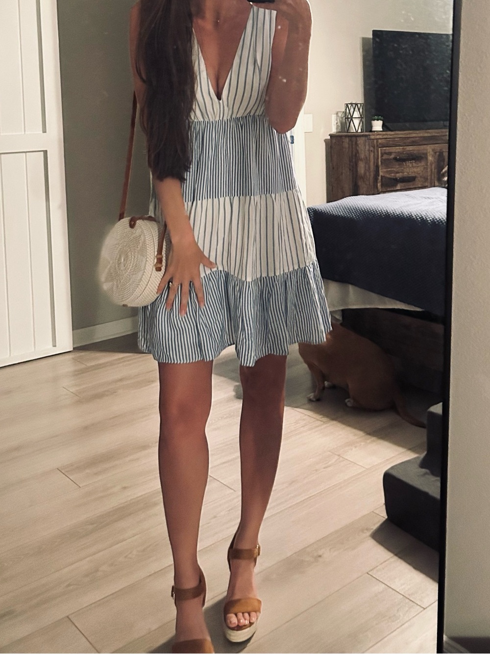 LOFT | Blue and White Striped V-Neck Dress